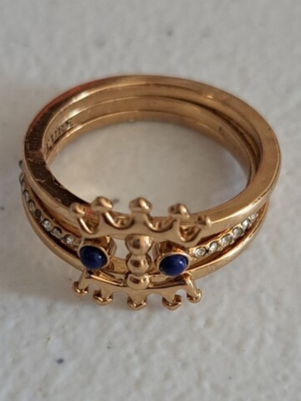 Juicy Couture Beaded Crown Gold Tone Stacking Rings Cubic Zirconia Blue Stone